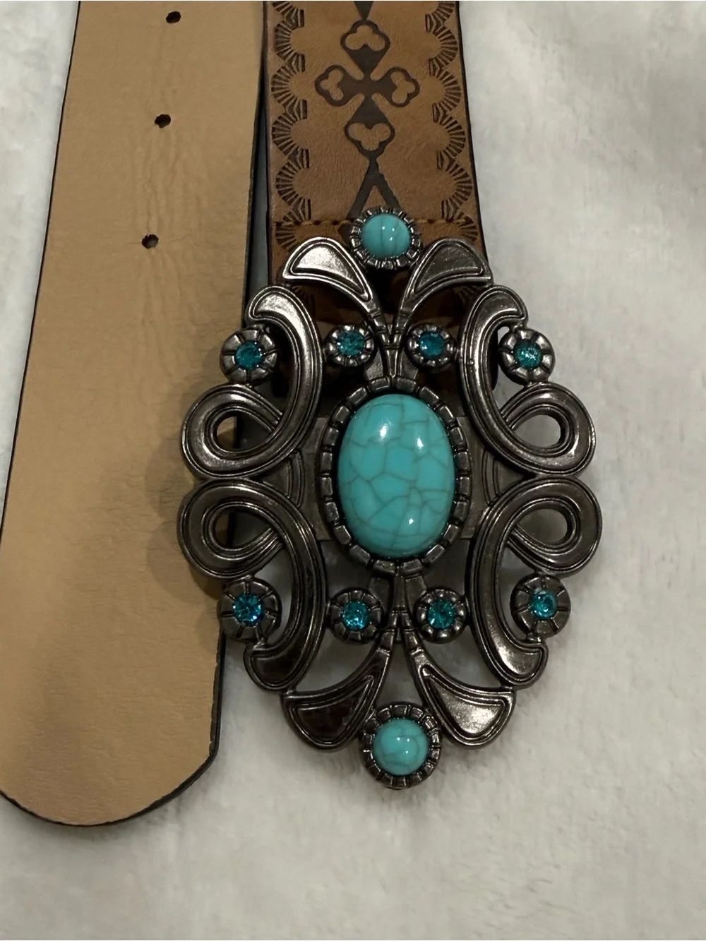 Turquoise Stone Western-Style Belt with Ornate Silver Buckle